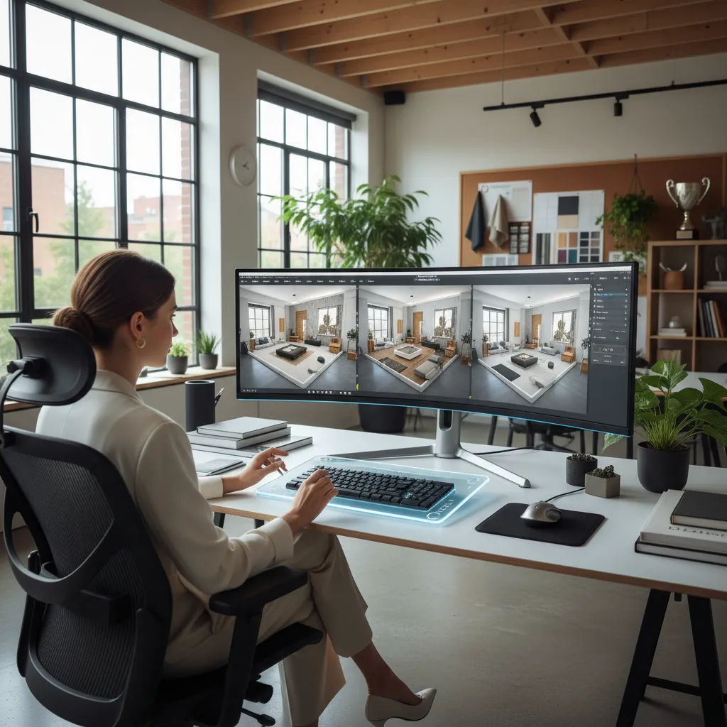Designer sitting at desk using software to create different living room layouts on large monitor
