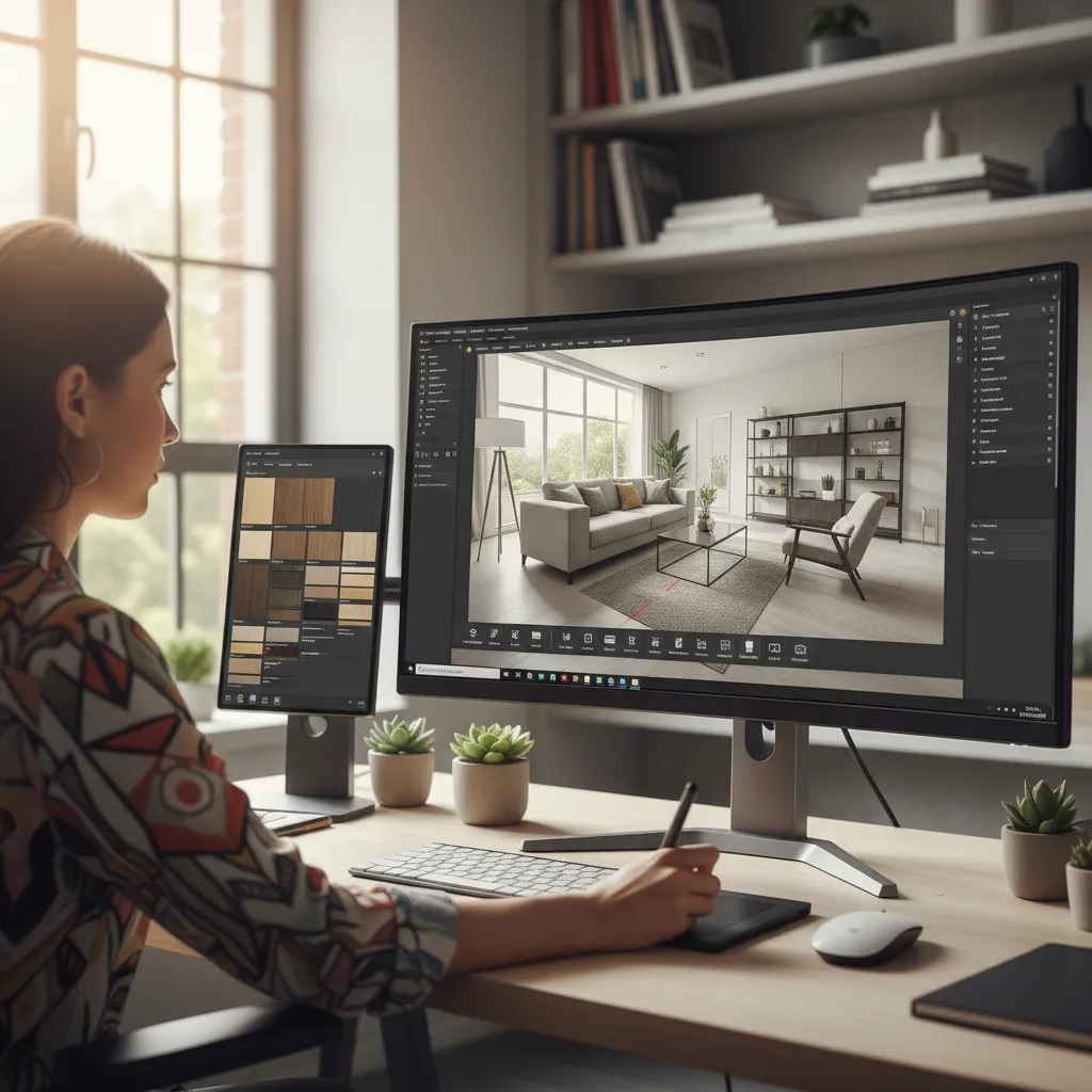 Designer adjusting furniture layout in 3D interior design software