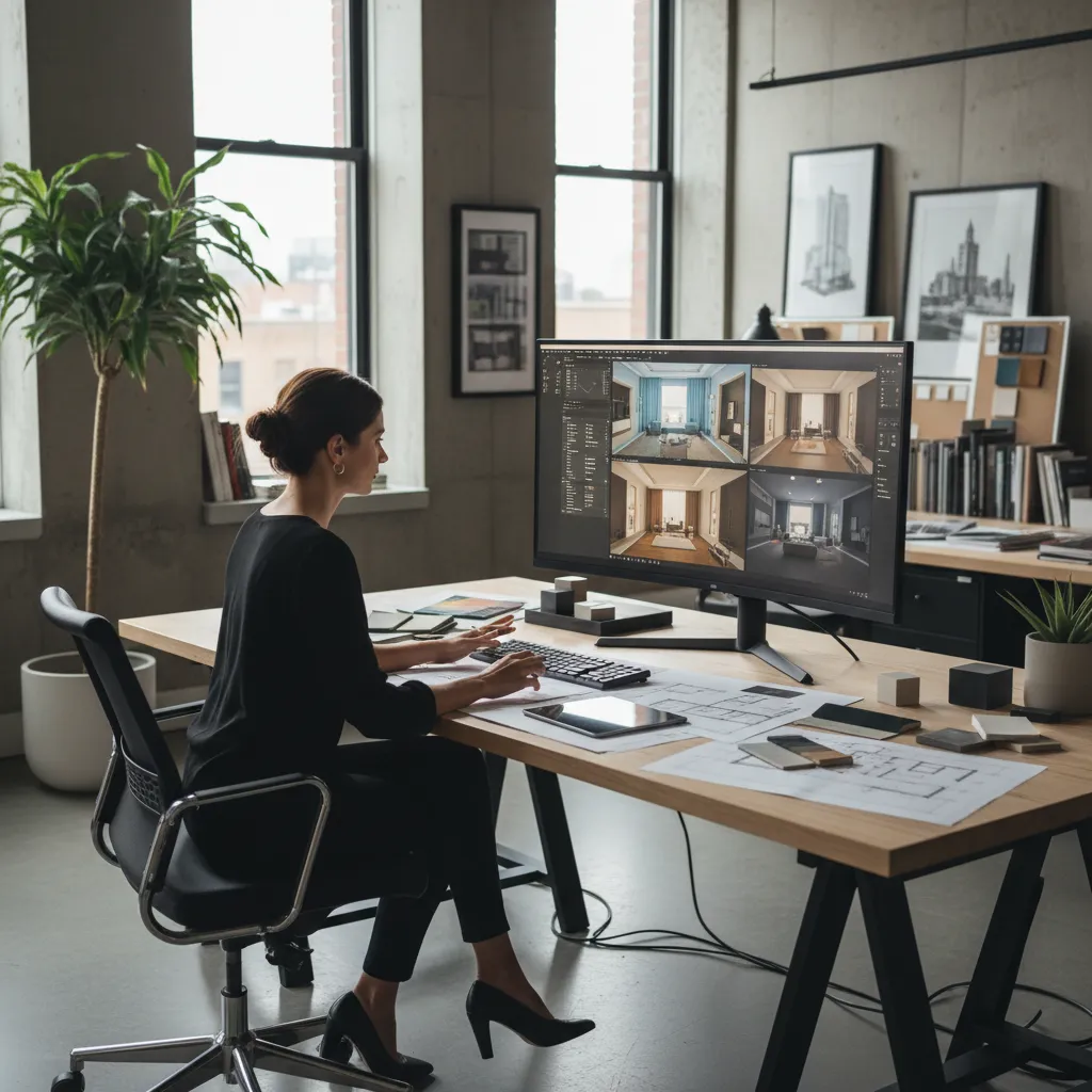Interior designer reviewing digital room layouts on computer