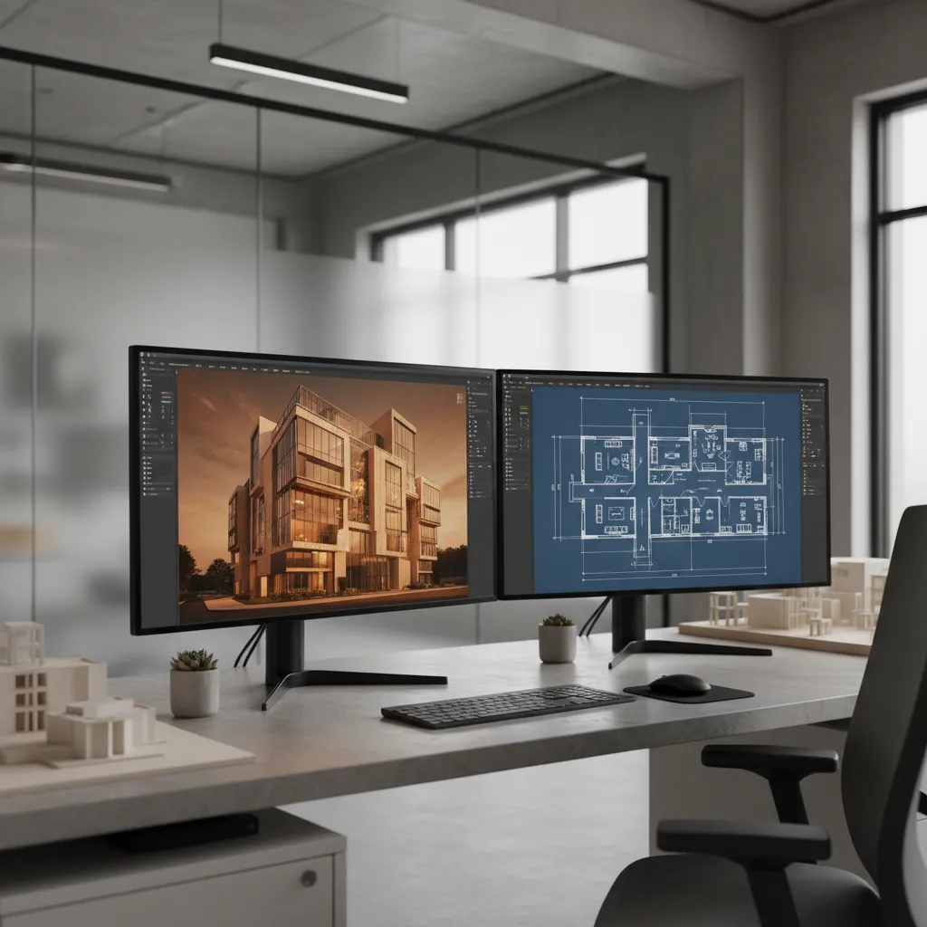 multiple monitors showing interior design modeling drafting and rendering software workflow