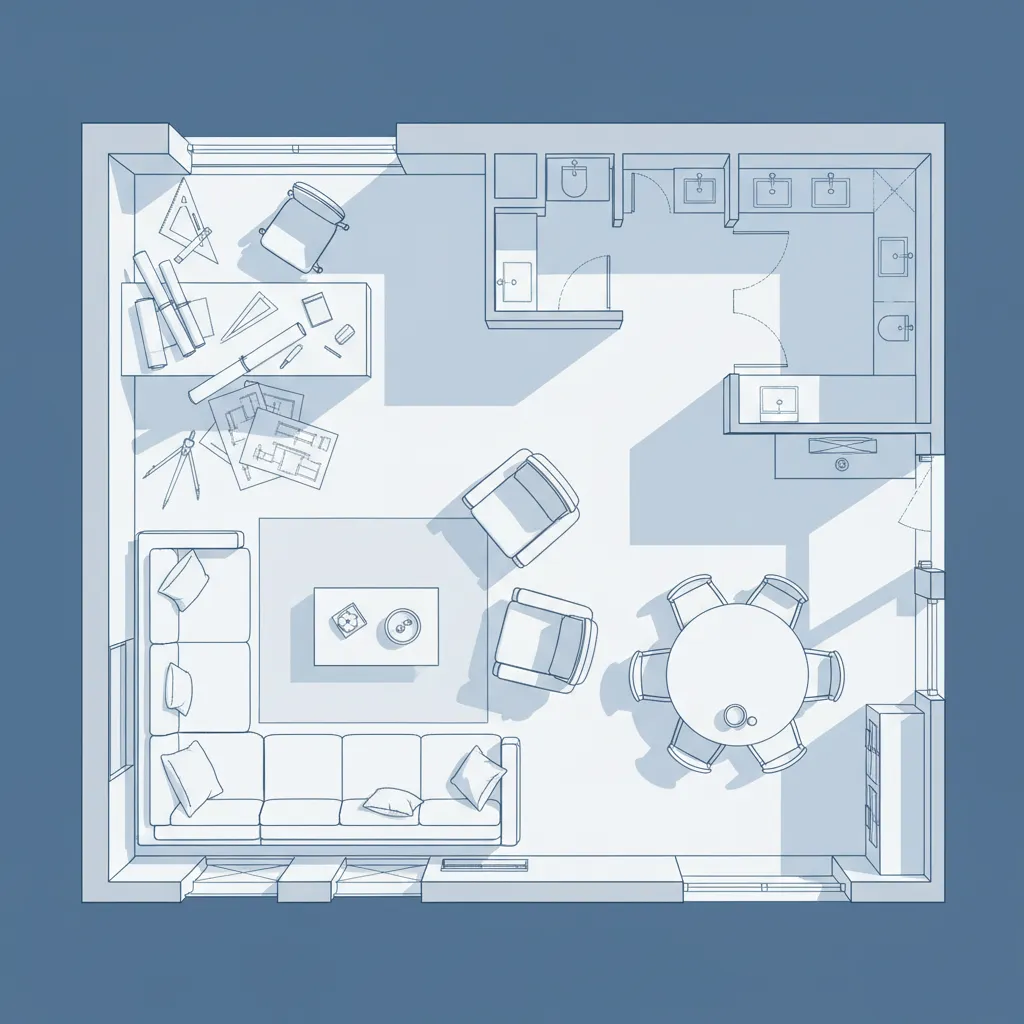 Plano de distribución de un salón con muebles colocados estratégicamente