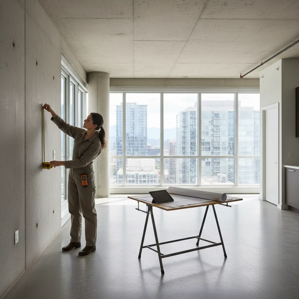Designer measuring a concrete wall in an empty apartment with city views and large glass windows