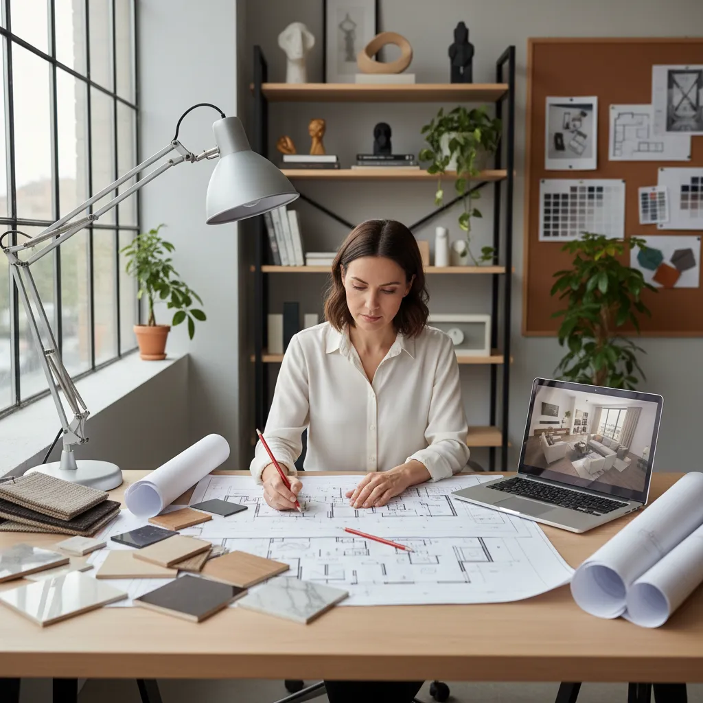 Diseñador trabajando en la distribución de un espacio con planos y ordenador
