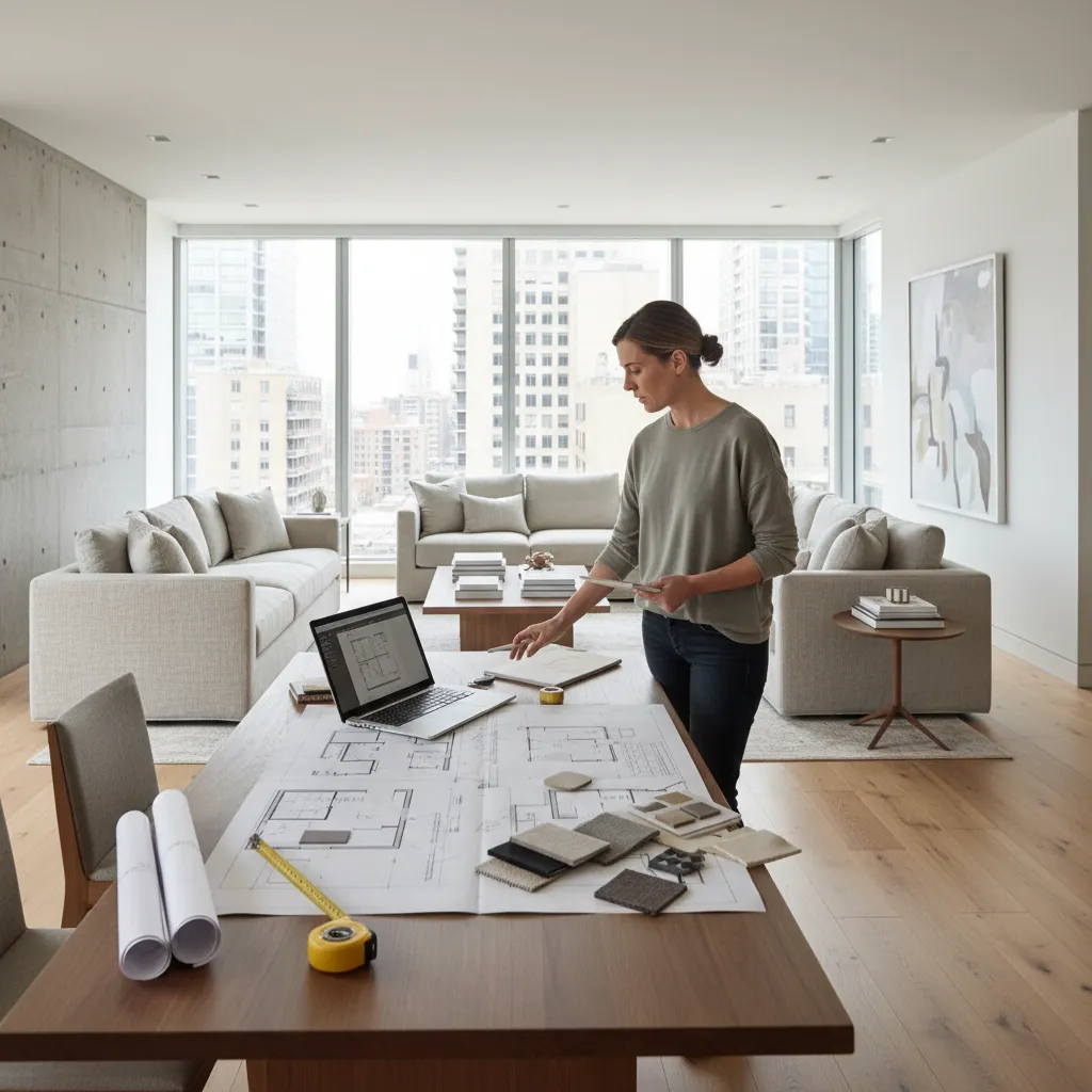 Interior designer reviewing room layout drawings on a table with a laptop and fabric samples