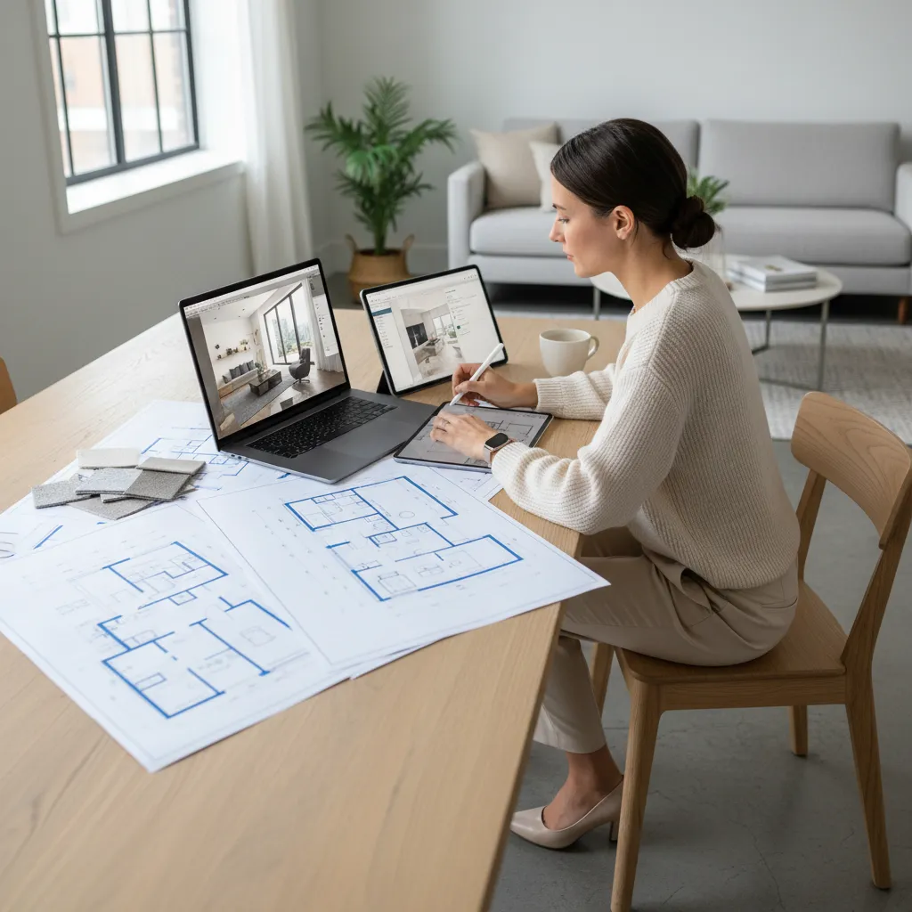 Diseñador analizando la distribución de un salón con planos y modelo 3D