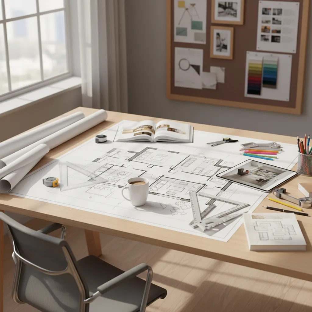 Detailed interior design drawing on a wooden desk with a coffee cup tablet and paper