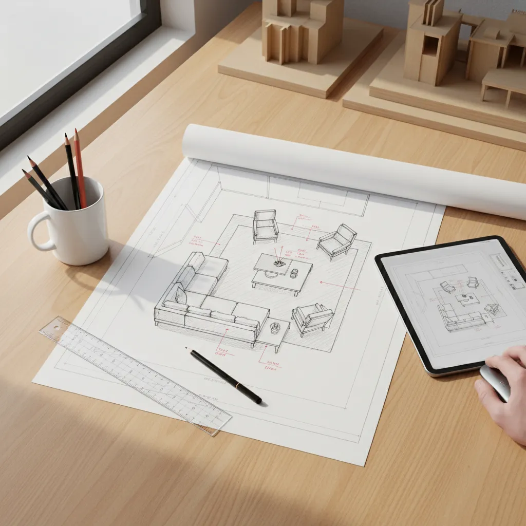 Plano de distribución de salón con diferentes opciones de mobiliario