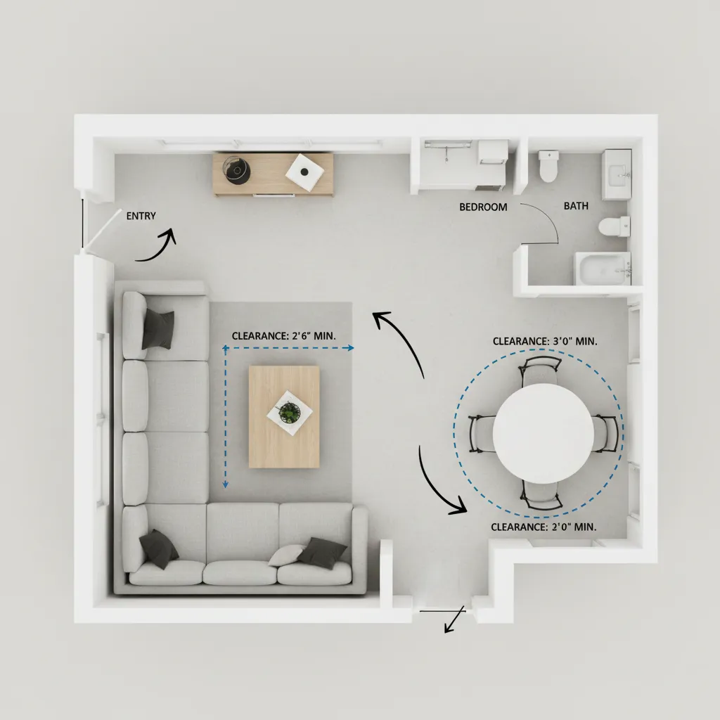 Interior design floor plan showing furniture clearance and walking space