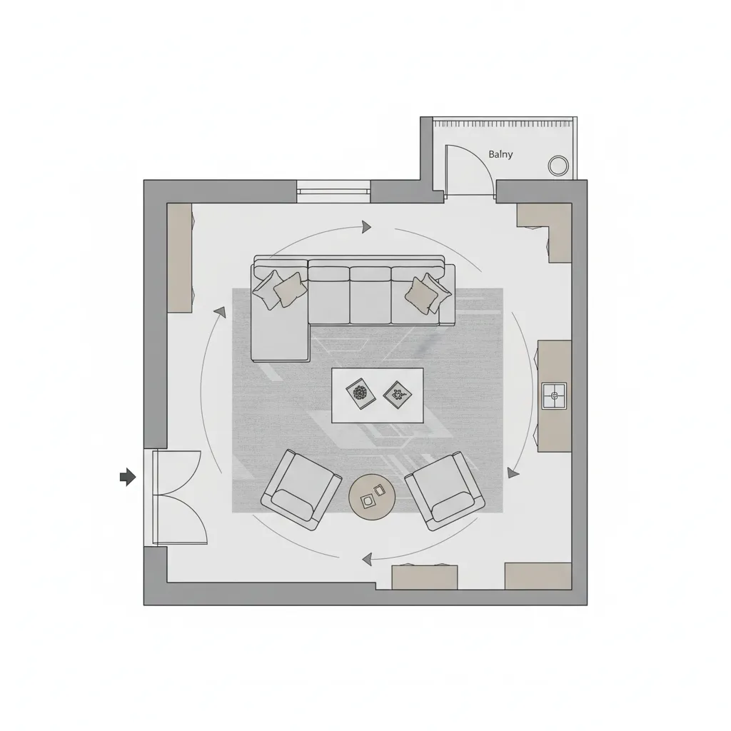 living room layout diagram showing circulation paths and furniture placement