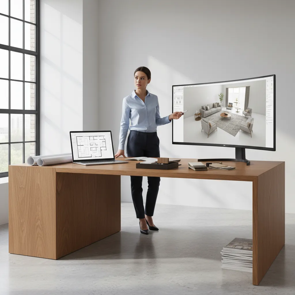 interior designer planning furniture layout on floor plan with 3D visualization screens