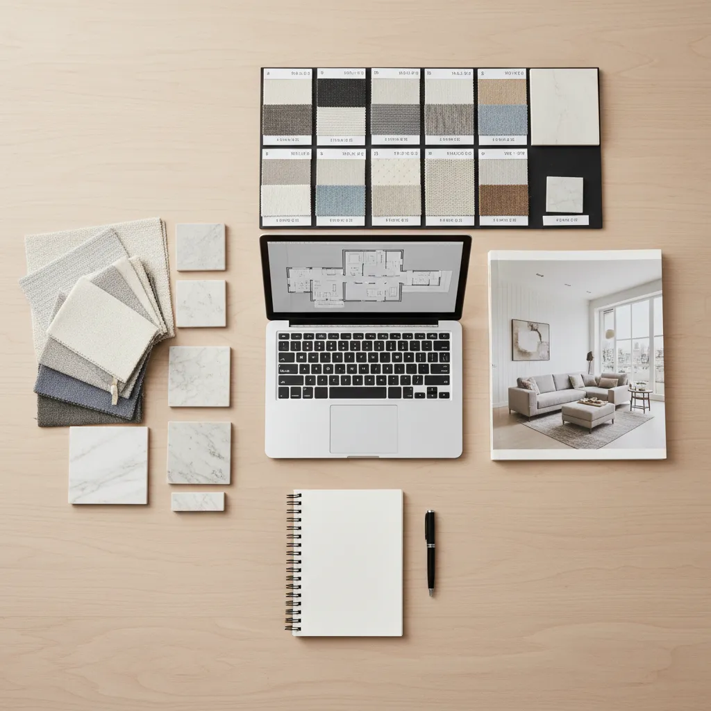 Interior design materials furniture samples and specification sheets on desk