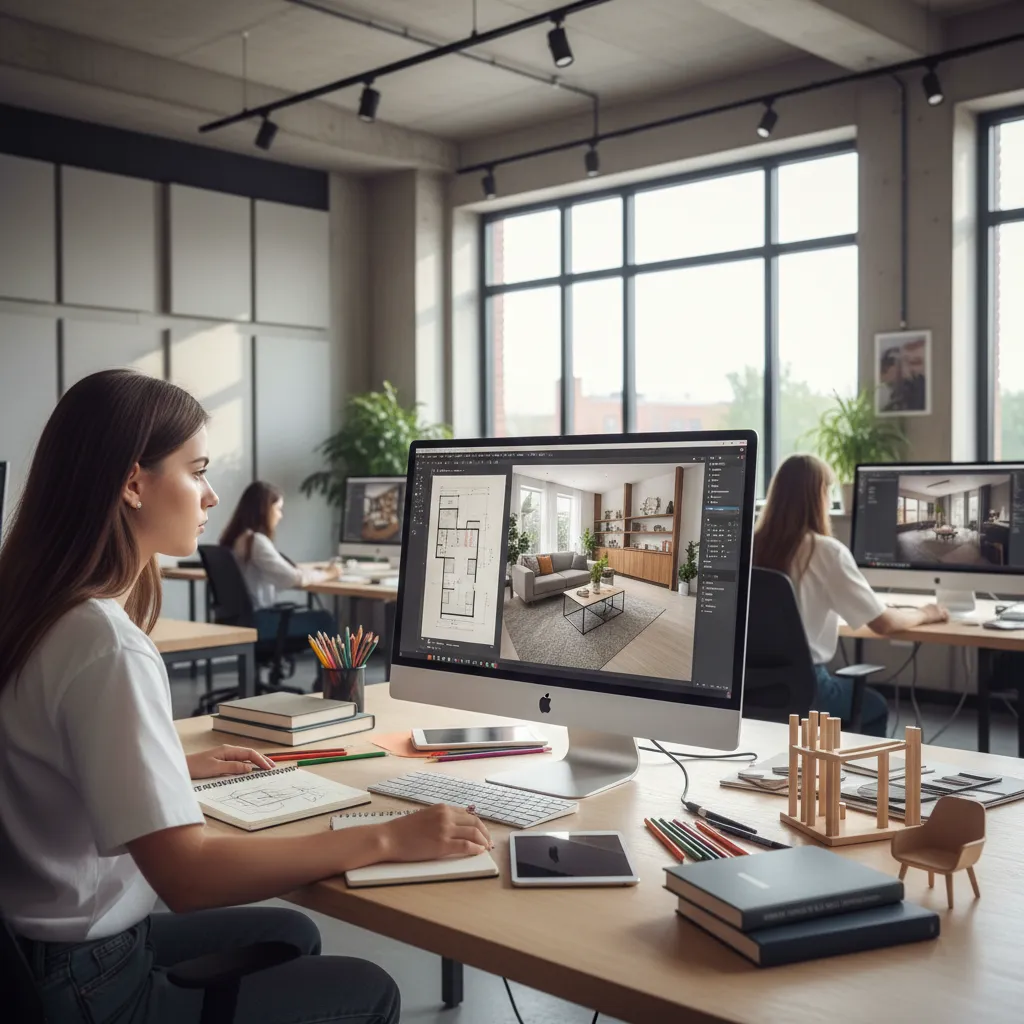 Estudiante de interiorismo trabajando en un modelo 3D de una sala