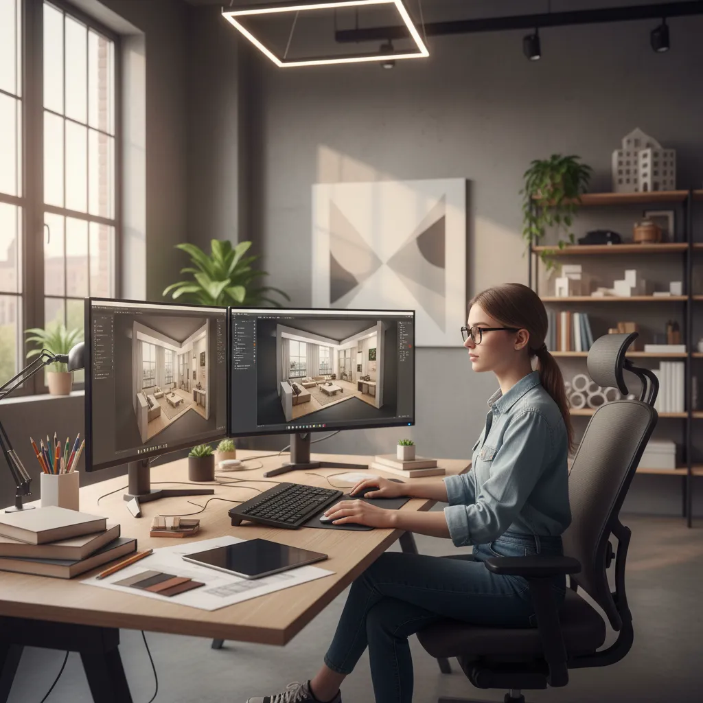 Estudiante creando un modelo 3D de un apartamento en ordenador