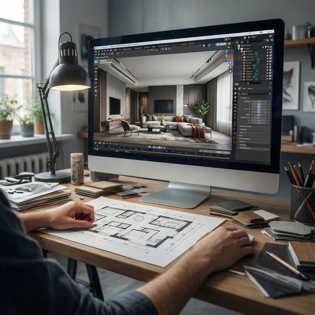 Estudiante trabajando en un modelo 3D de interiorismo en ordenador