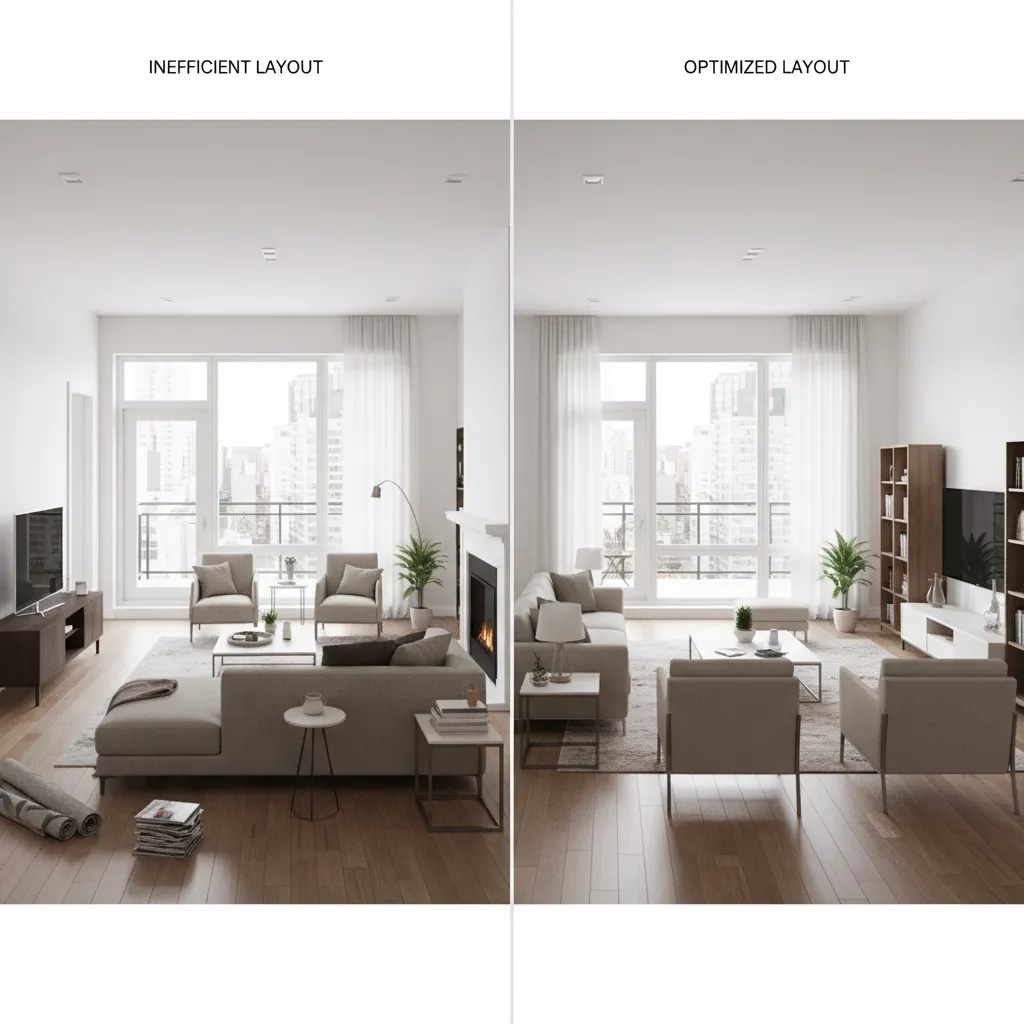 Comparación de una mala distribución de muebles frente a una correcta en un salón