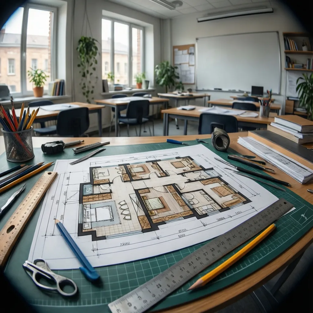 Estudiante dibujando un plano técnico de interiorismo