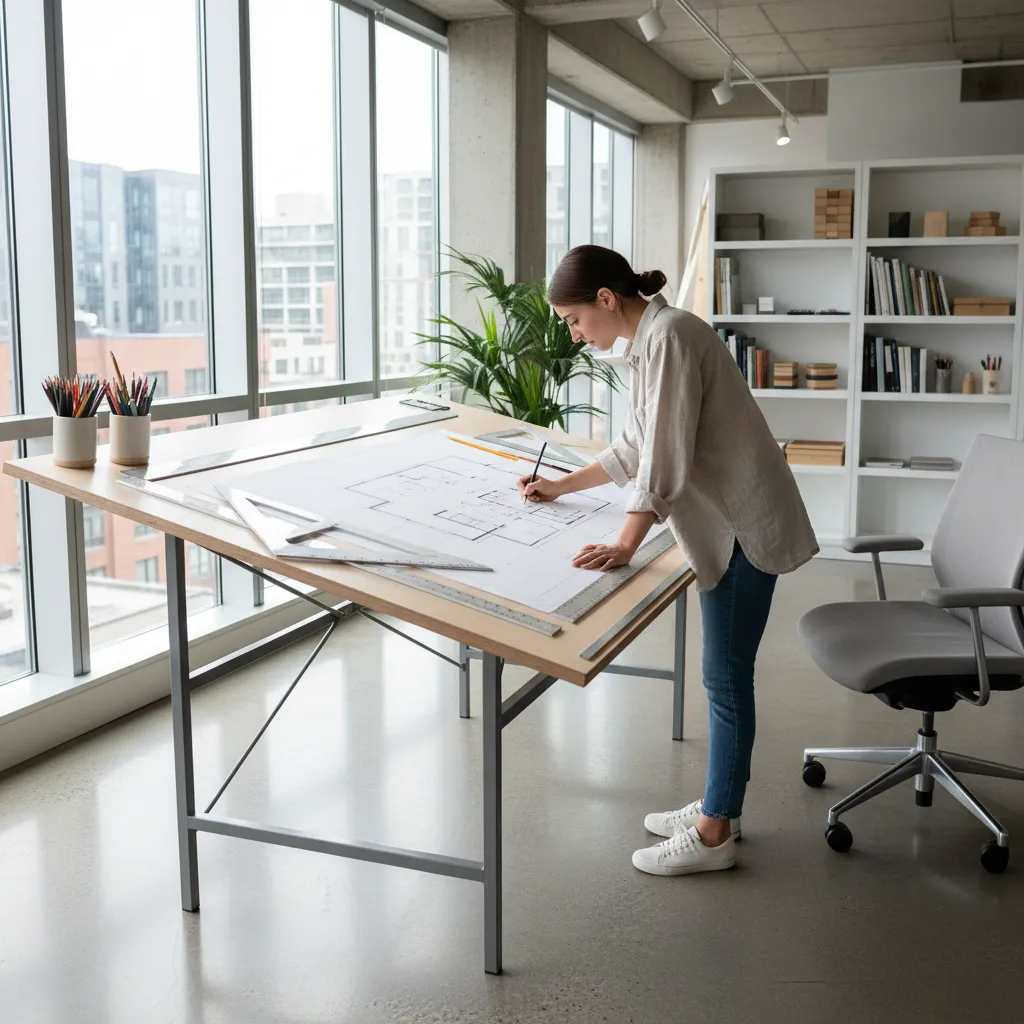 Estudiante dibujando un plano de interiorismo sobre mesa de trabajo