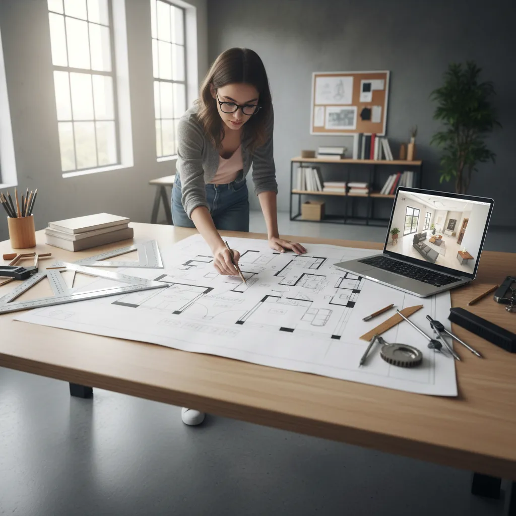 Estudiante revisando planos de distribución de interiores