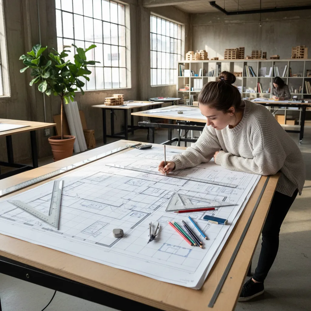 Young woman drawing a detailed house floor plan with pencil and ruler on large table