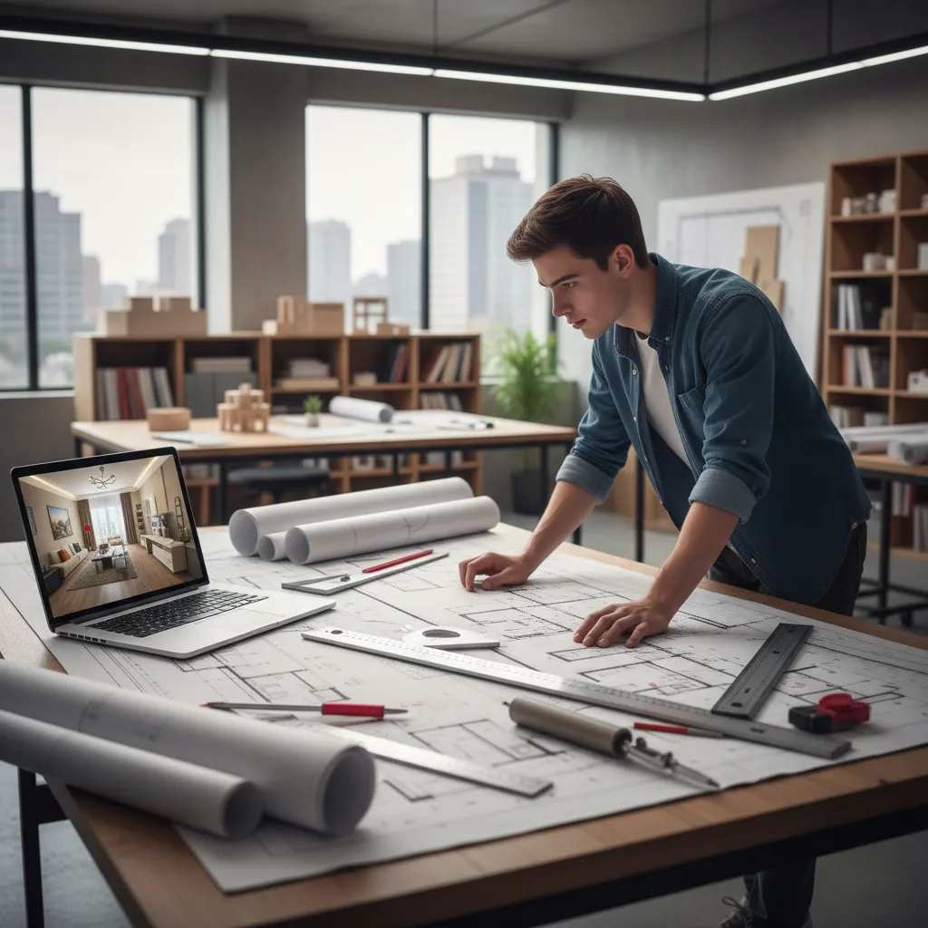 Interior design student studying large paper room layout plans on desk with laptop showing renders