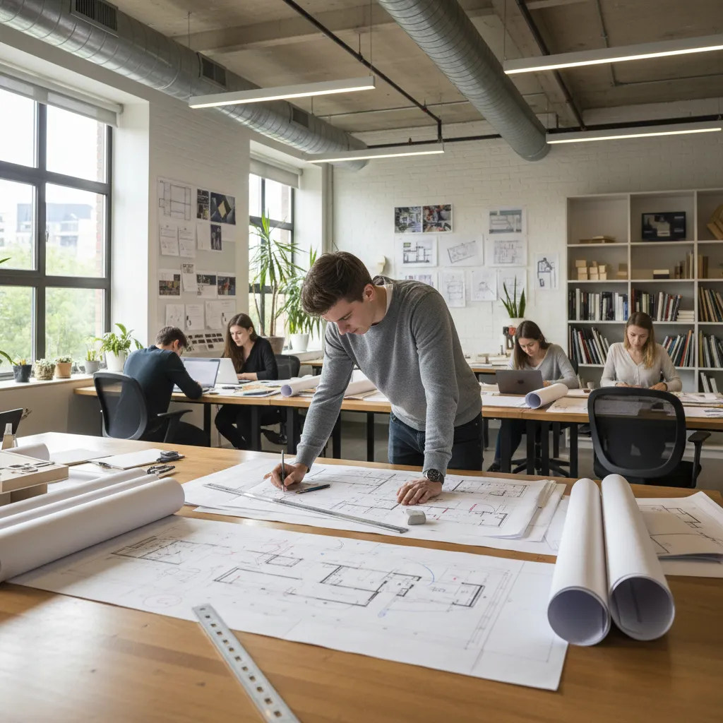 Student reviewing printed floor plans and spatial layout sketches