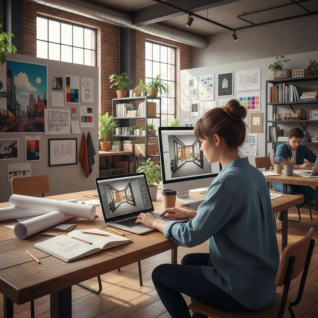 Estudiante de diseño de interiores trabajando en planos y modelos digitales