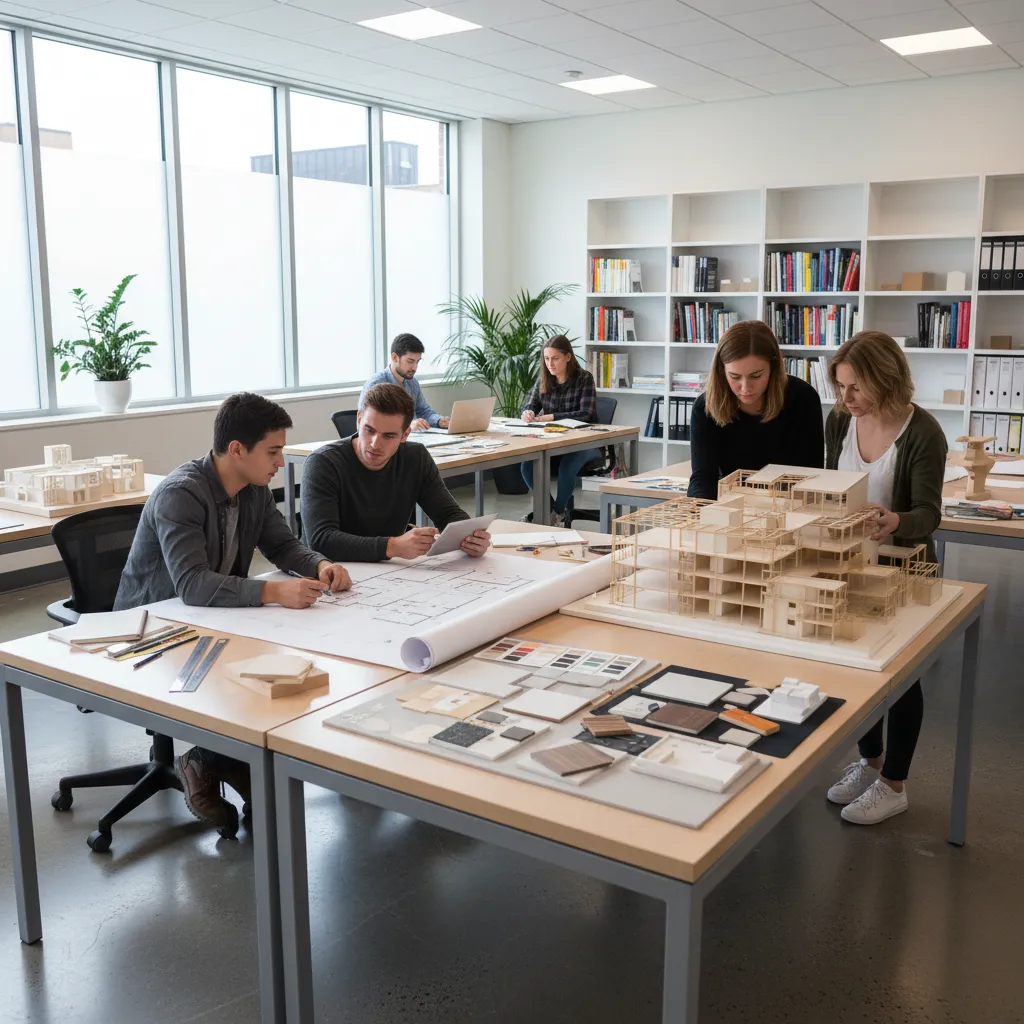 Estudiantes de diseño de interiores revisando planos y maquetas en clase