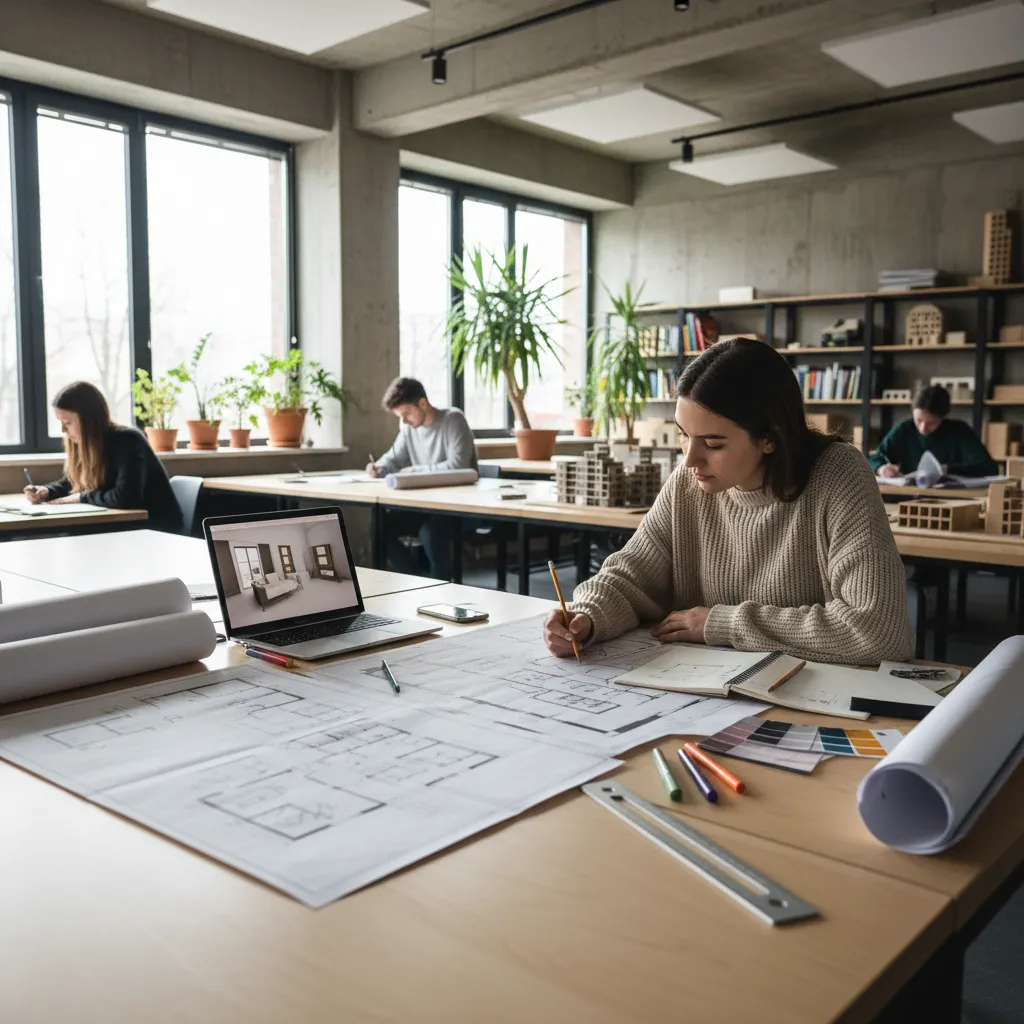 Estudiante de diseño de interiores trabajando en planos y bocetos