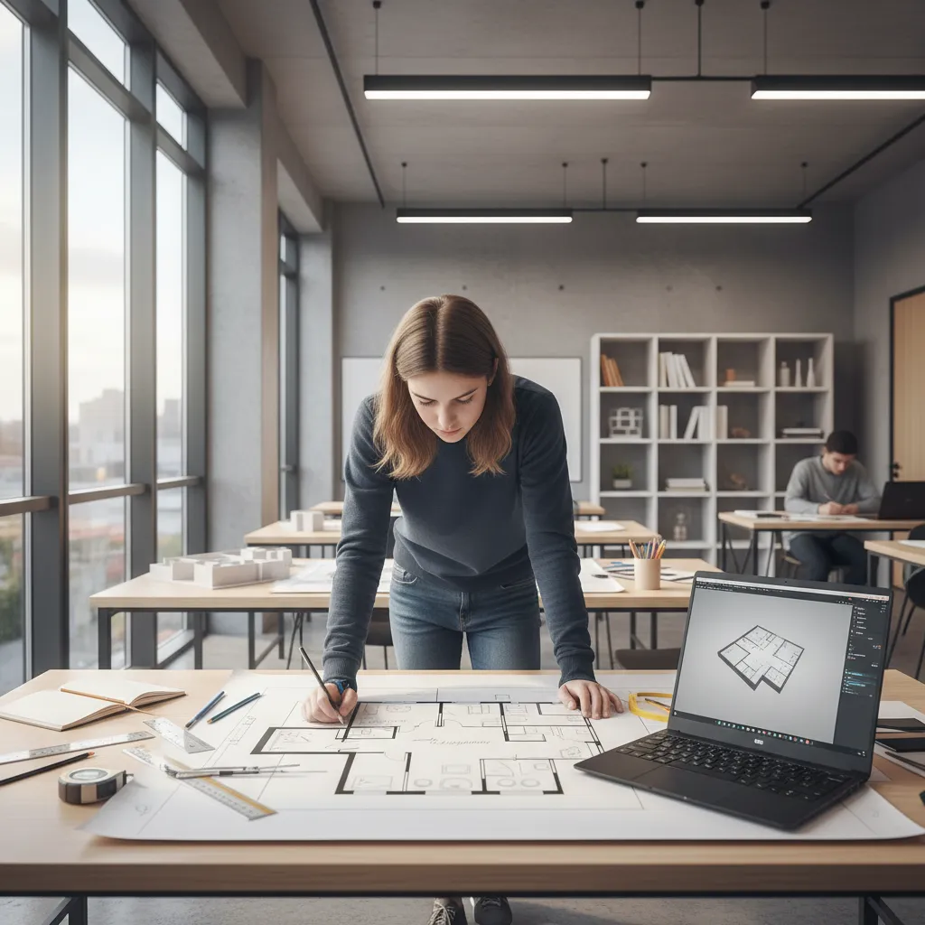 estudiante aprendiendo distribución de espacios en diseño de interiores