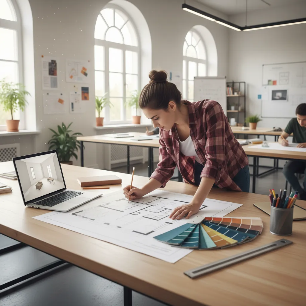 interior design student sketching furniture layout on floor plan with laptop and materials