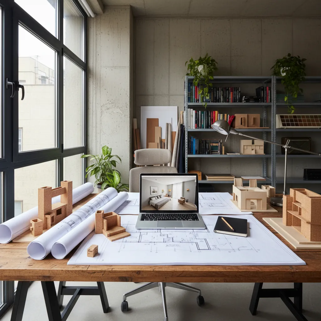 Wooden desk with floor plans laptop showing bedroom interior design drawing and small house models