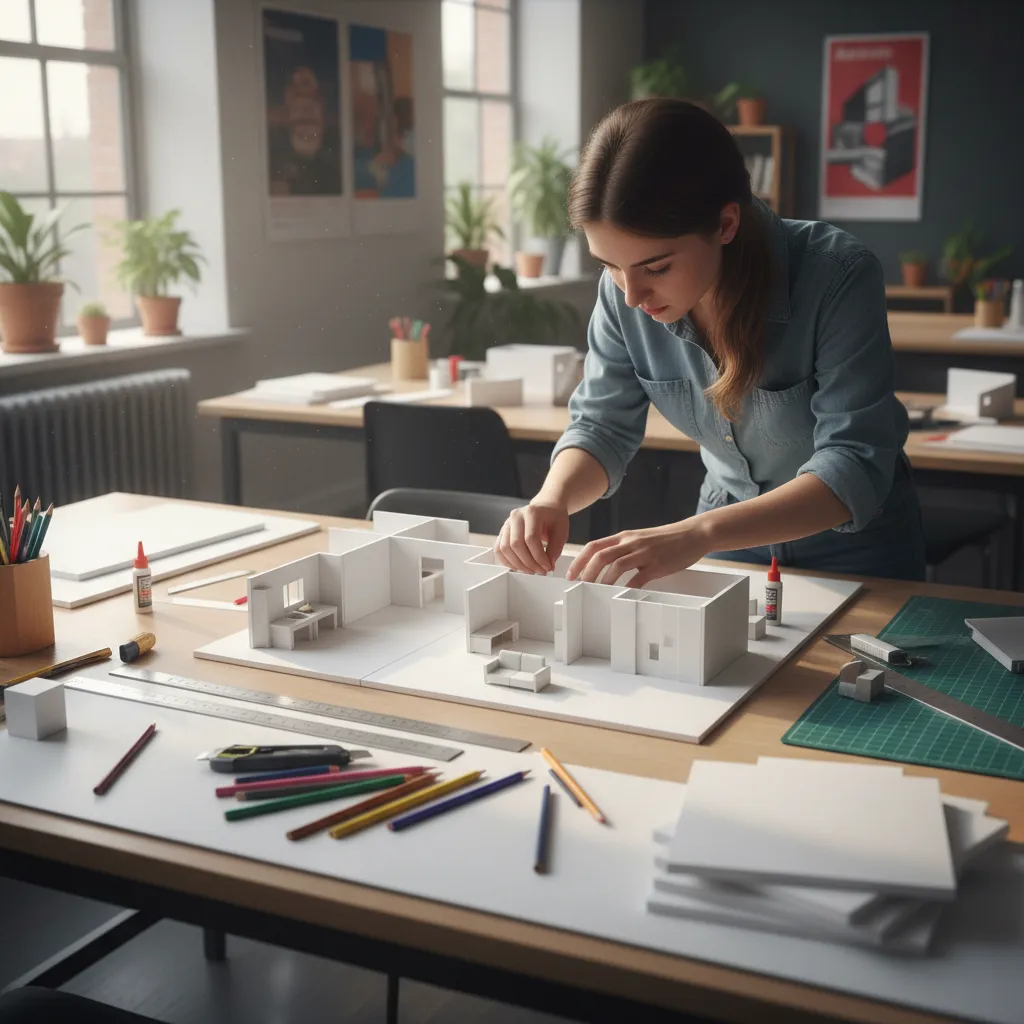 Female student building a white 3D house model with small furniture on a wooden table