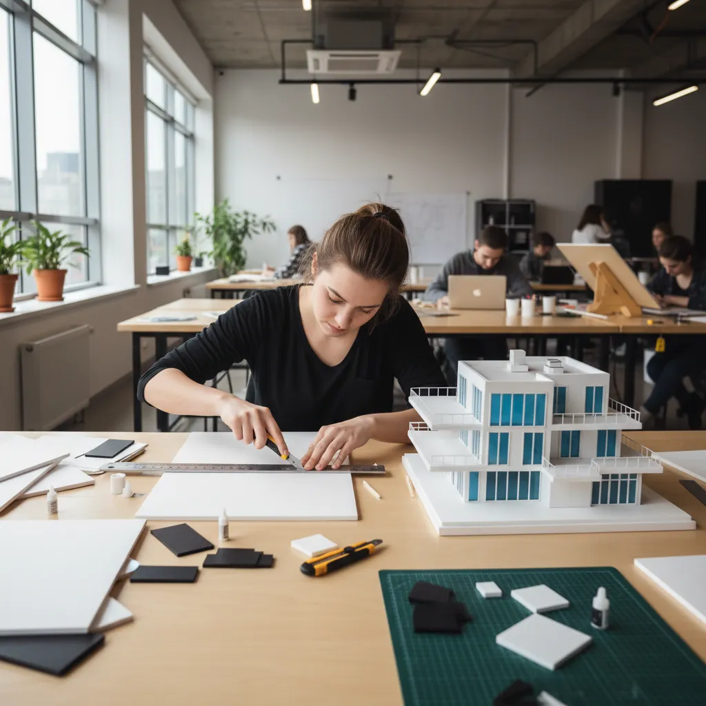 Estudiante construyendo maqueta arquitectónica de interior