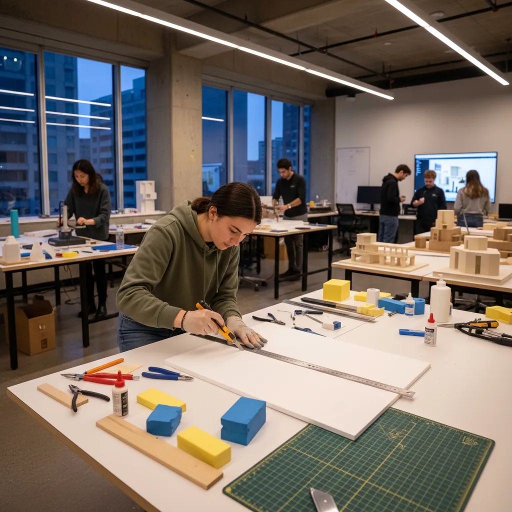 Estudiante construyendo una maqueta de diseño de interiores
