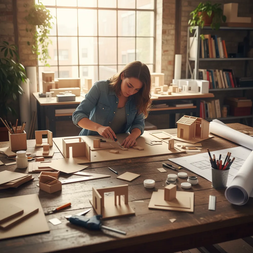 Estudiante construyendo una maqueta de interiorismo con materiales de arquitectura