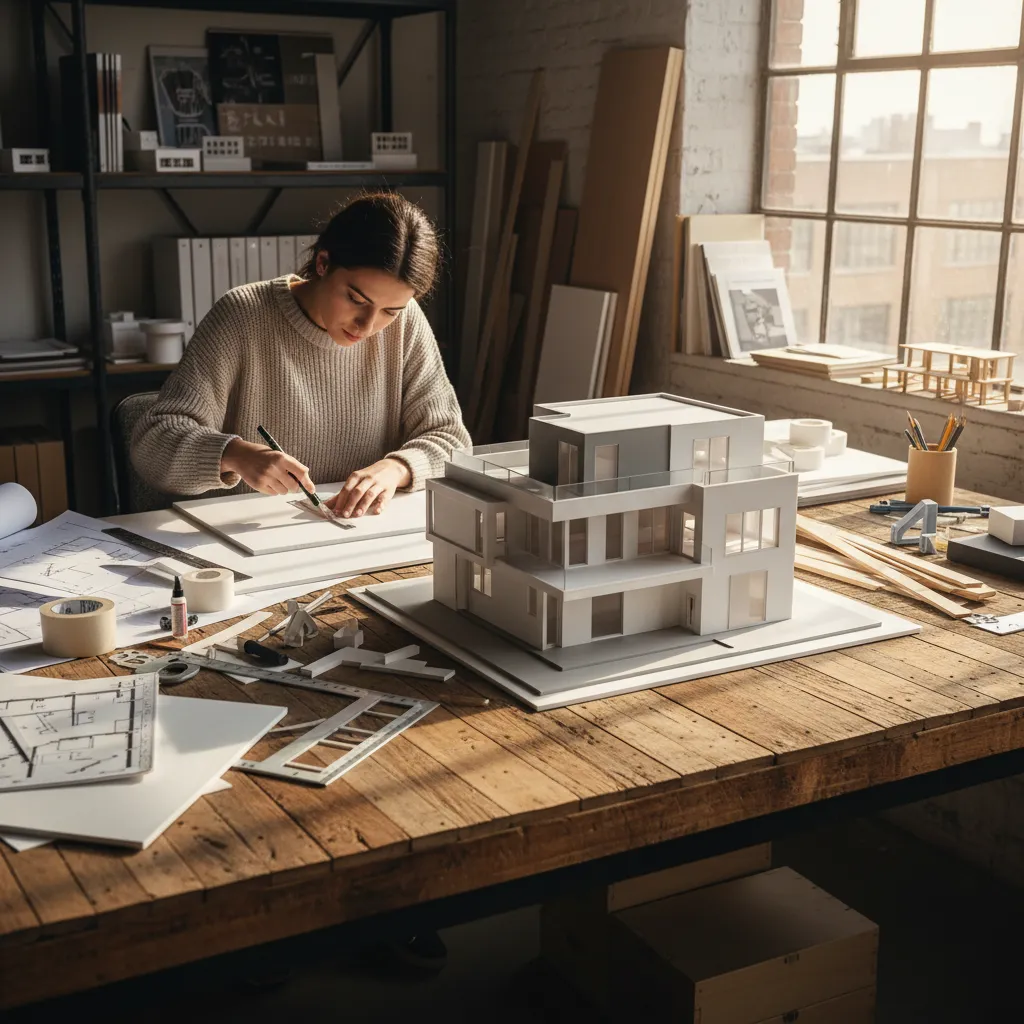 Woman making white house model on wooden desk with tools and interior design floor plans