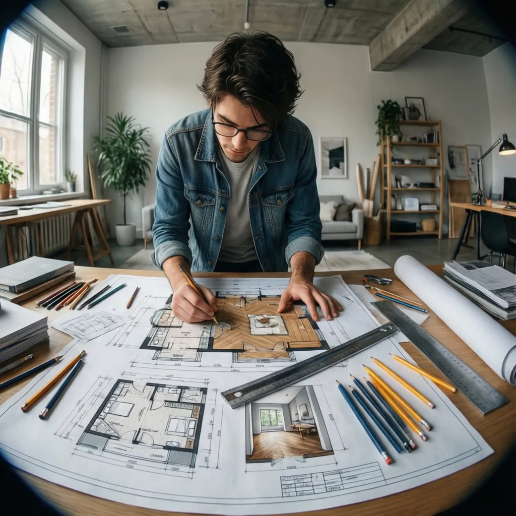 Estudiante revisando planos de distribución interior sobre una mesa de trabajo