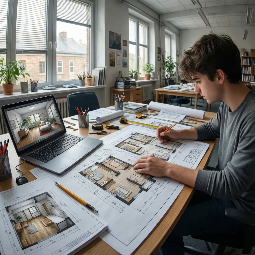 Student drawing floor plan with pencil next to laptop showing a living room 3D design