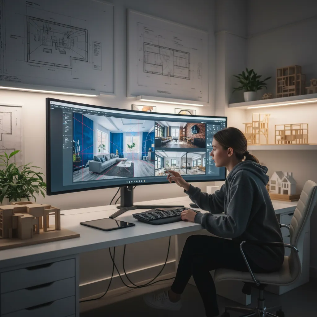 Estudiante revisando portfolio de proyectos de interiorismo en pantalla