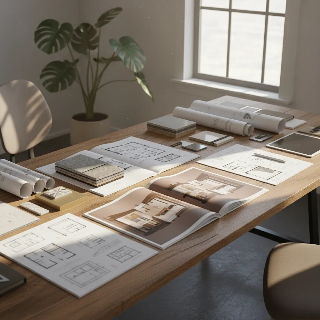 Portafolio de diseño de interiores con renders, planos y muestras de materiales