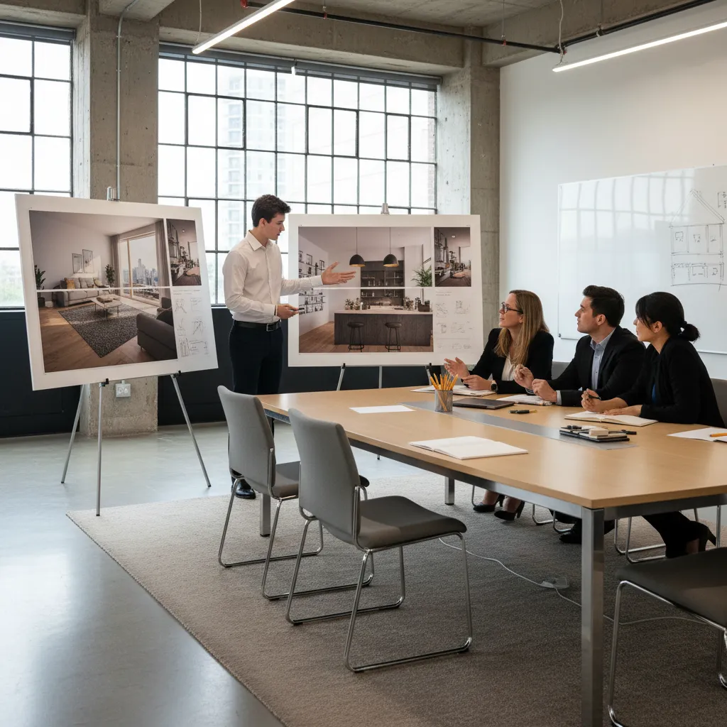 Presentación de portfolio de diseño de interiores en aula