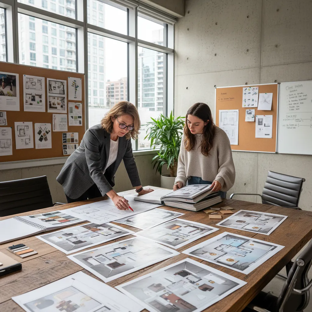 Two women reviewing paper interior design drawings on a large wooden table in a bright room