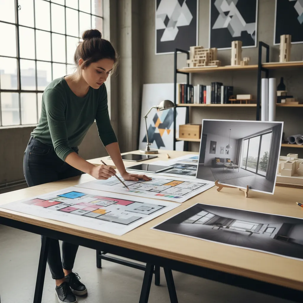 Female designer sketching on floor plan at desk with room interior design drawings and items