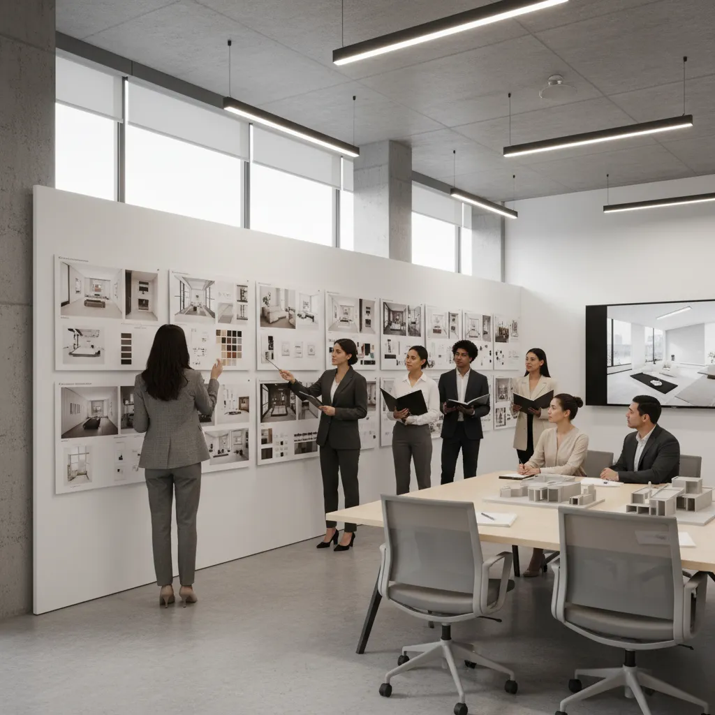 interior design students presenting portfolio boards and layouts
