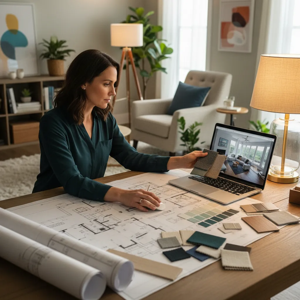 persona practicando diseño de interiores con planos y laptop