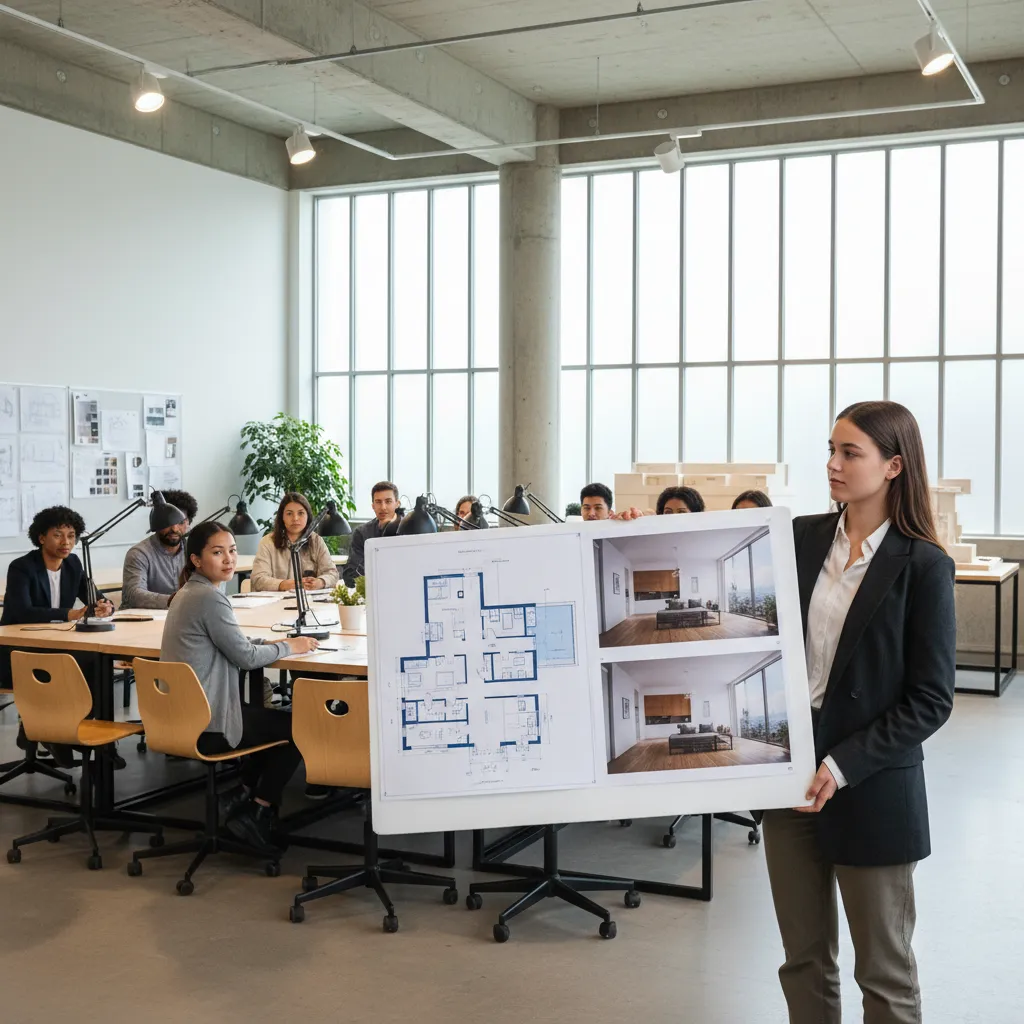 Estudiante presentando un proyecto de interiorismo con planos y renders