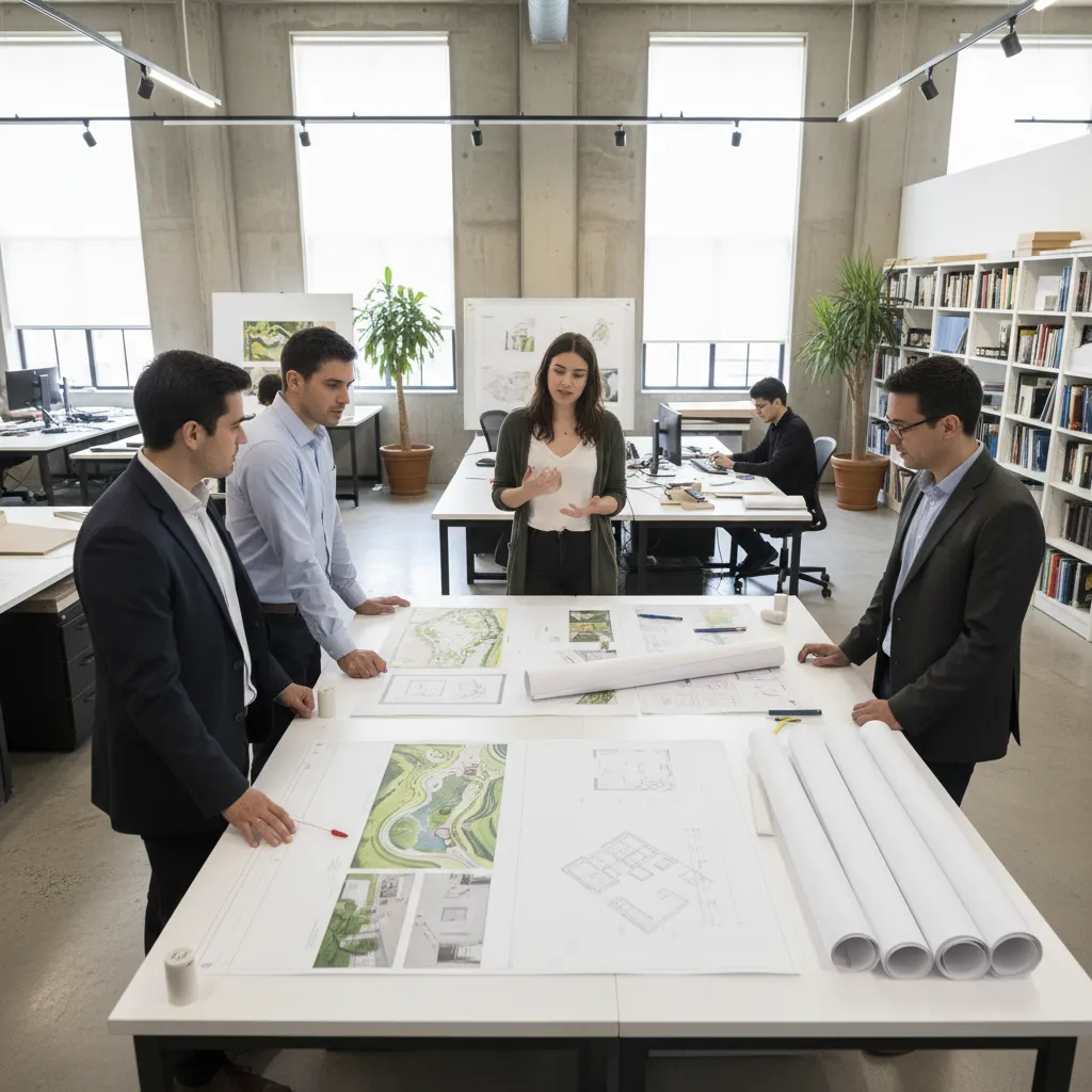 Estudiante presentando un proyecto de interiorismo con paneles y planos