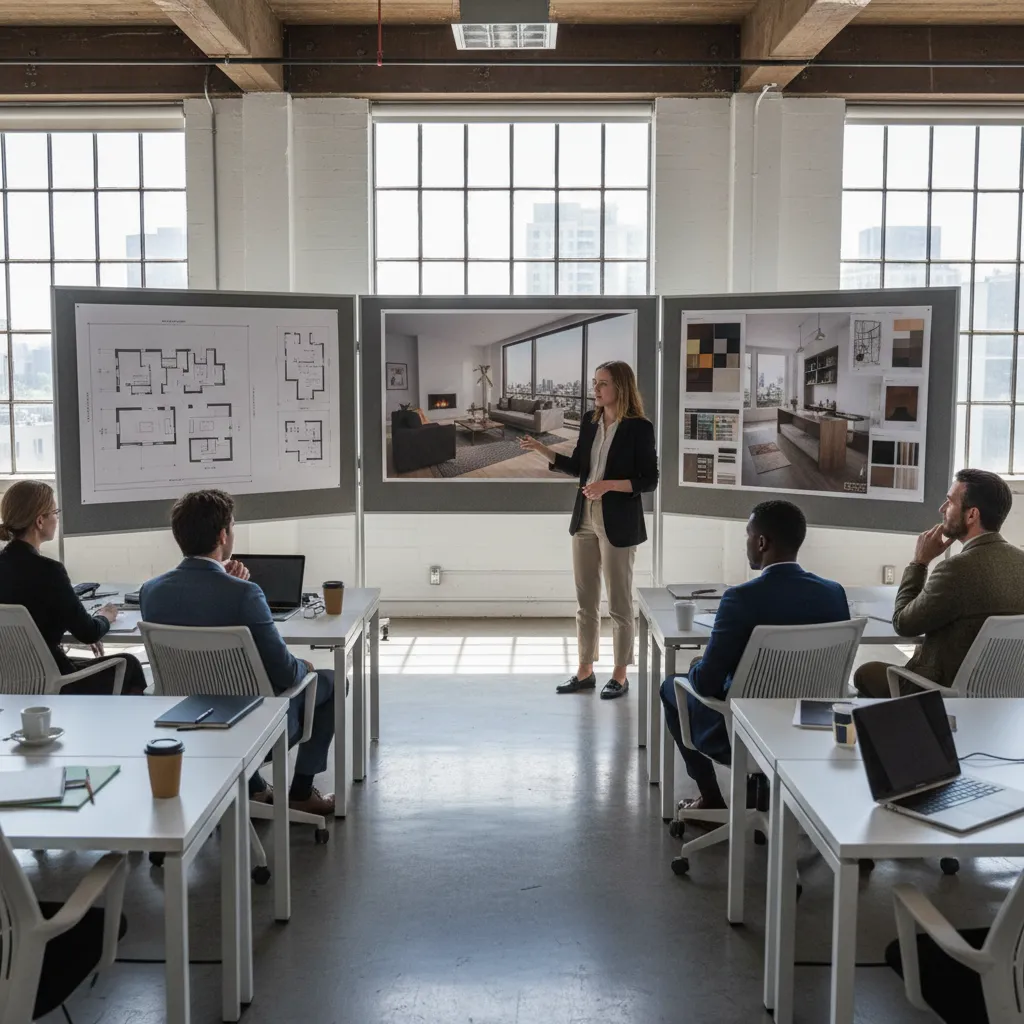 Student presenting floor plans and interior design drawings to a seated audience in a bright studio