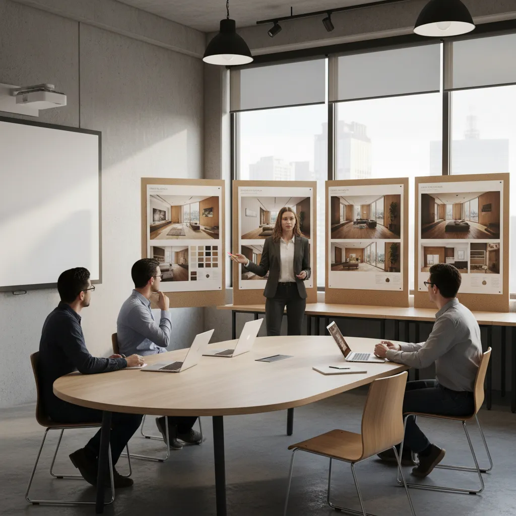 Estudiante presentando proyecto de interiorismo con paneles y renders