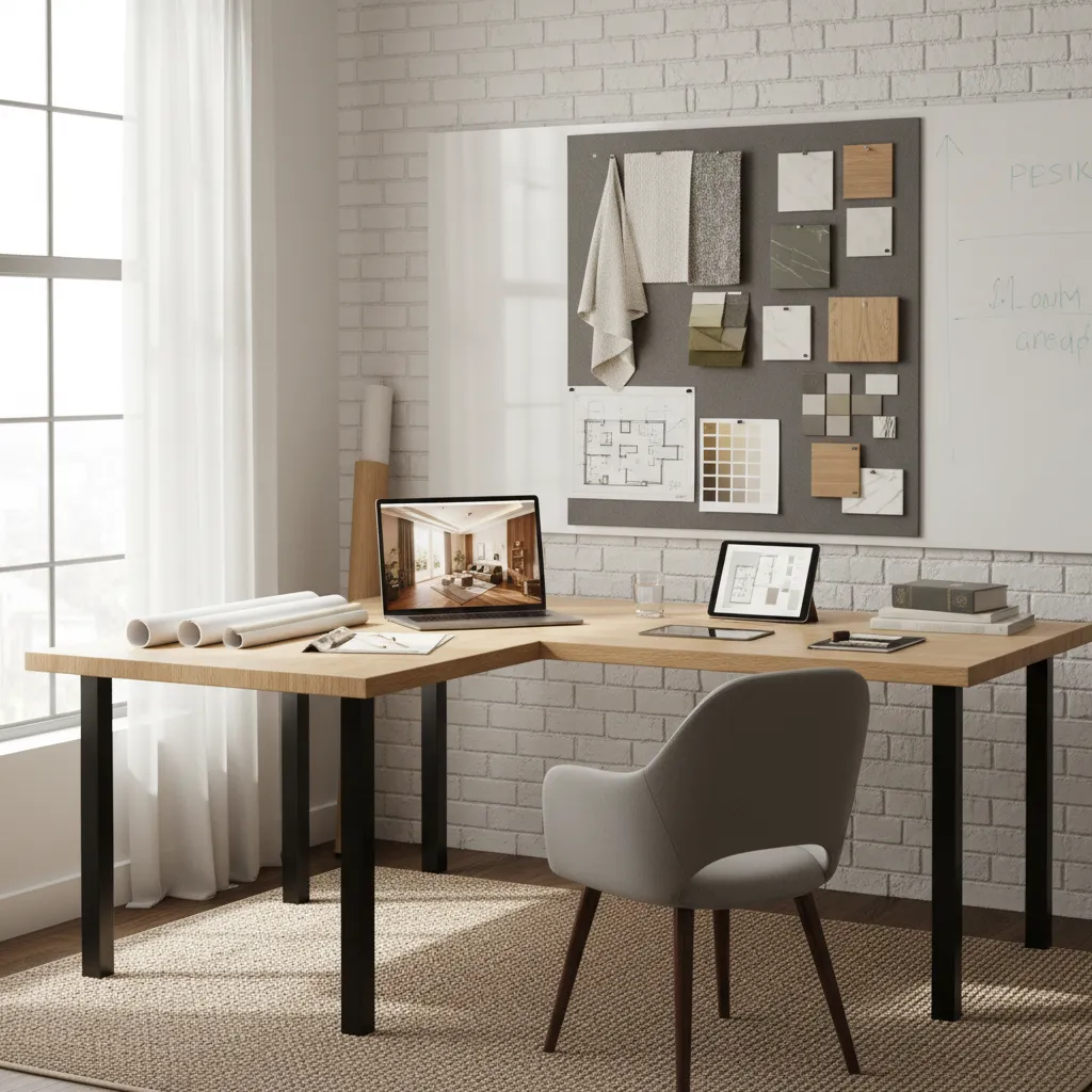 Estudiante desarrollando un proyecto de interiorismo con planos y moodboard